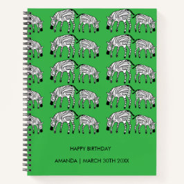 Cuaderno Feliz cumpleaños, verde, patrón de cebras kenianas