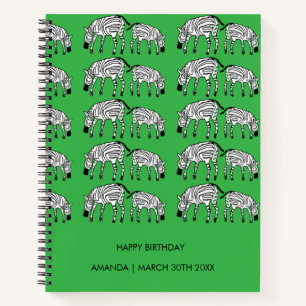 Cuaderno Feliz cumpleaños, verde, patrón de cebras kenianas