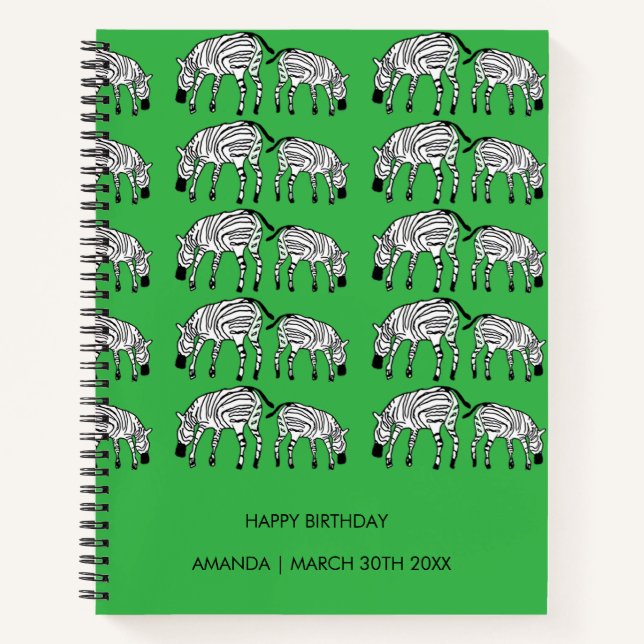 Cuaderno Feliz cumpleaños, verde, patrón de cebras kenianas (Anverso)