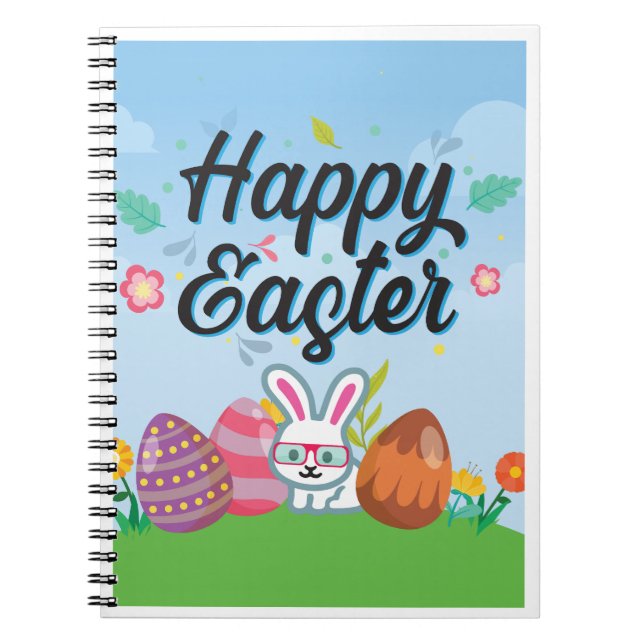 Cuaderno Feliz de Huevos de Pascua Bunny y Flores (Frente)