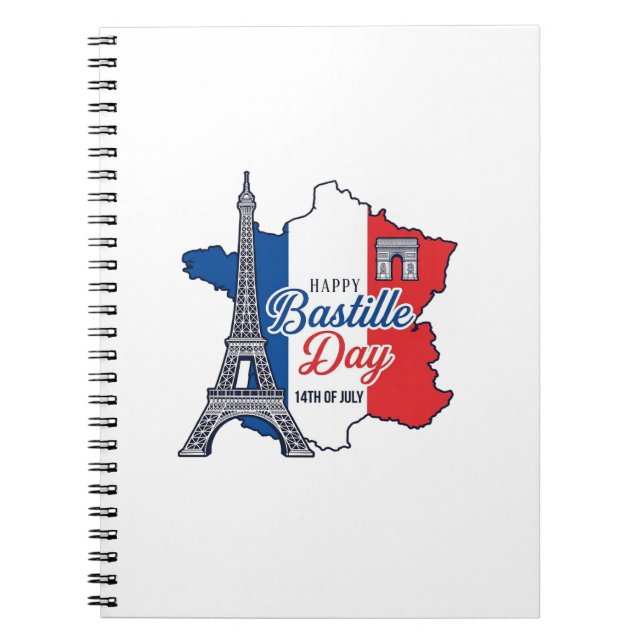 Cuaderno Feliz Día de la Bastilla Francia Mapa Torre Eiffel (Frente)