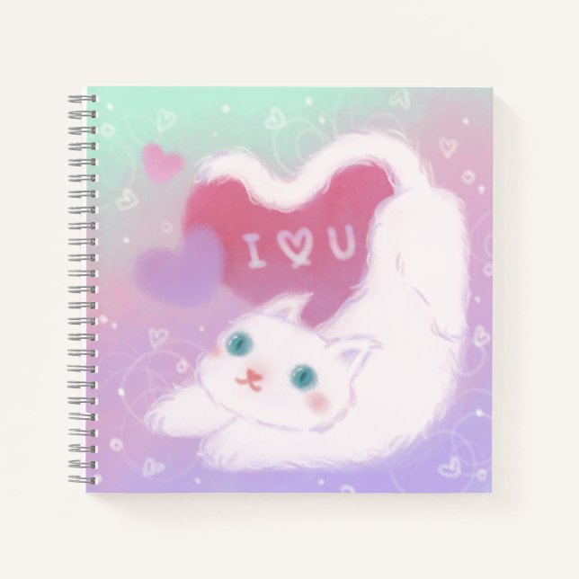 Cuaderno Feliz día de San Valentín con gato blanco esponjos (Anverso)