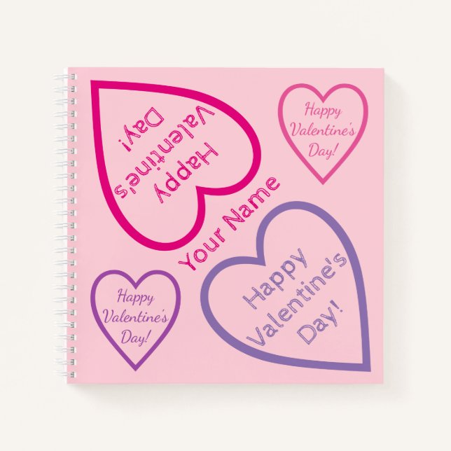 Cuaderno Feliz Día de San Valentín nombre de corazón rosa y (Anverso)