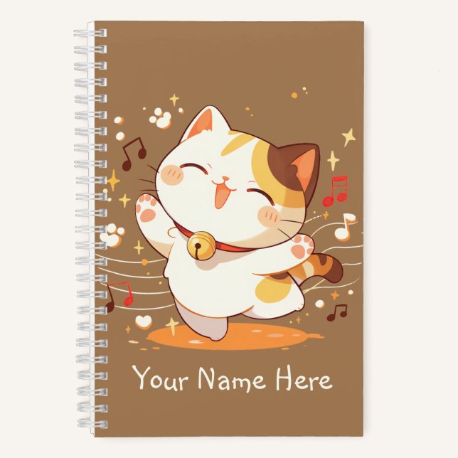 Cuaderno Feliz gato Kawaii Calico bailando música (Anverso)