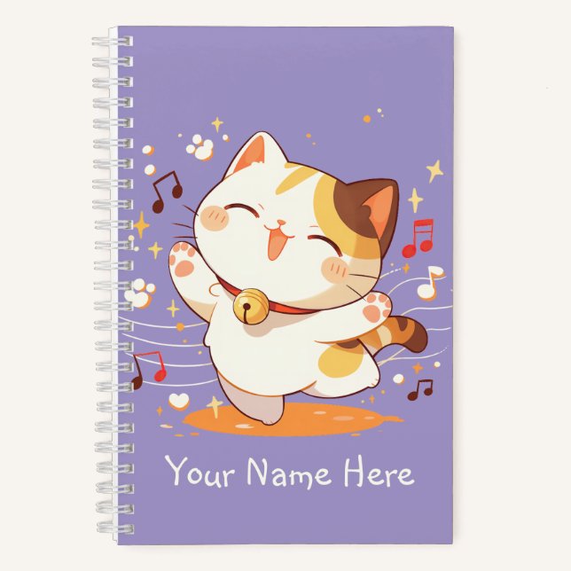 Cuaderno Feliz gato Kawaii Calico bailando música (Anverso)