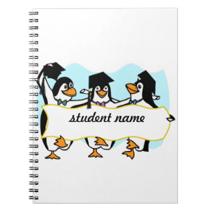 Cuaderno Feliz graduado bailando pingüinos con pancarta