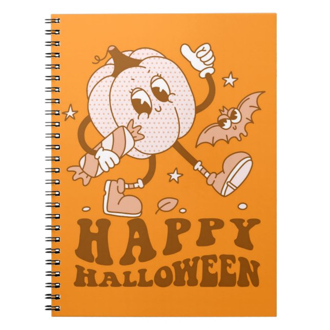 Cuaderno Feliz Halloween| Calabaza de punto de Polka retro (Frente)