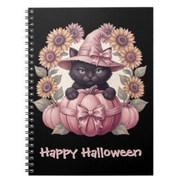 Cuaderno Feliz Halloween Coquette Gato Negro y Calabaza Ros