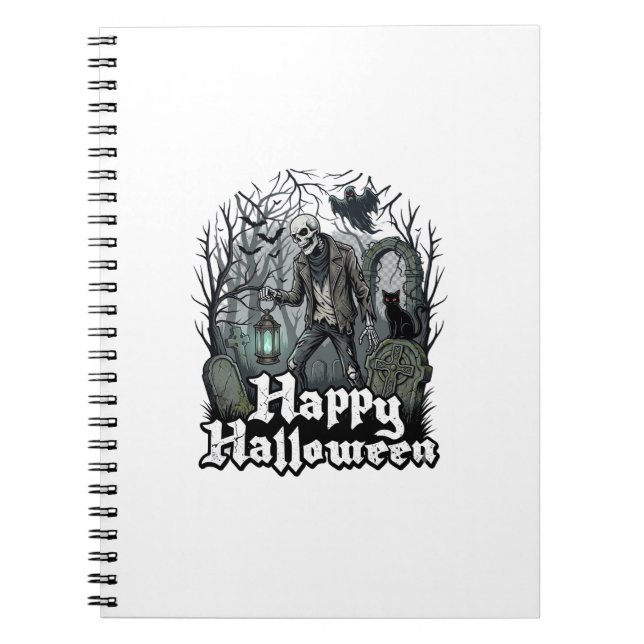 Cuaderno Feliz Halloween Esqueleto Linterna Gato Negro Grav (Frente)