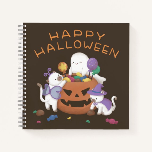 Cuaderno Feliz Halloween: gatos y fantasma (Anverso)