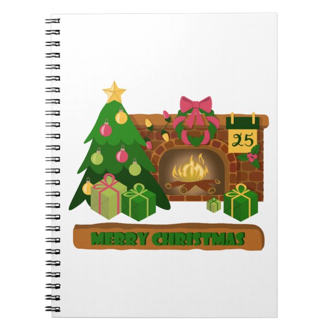 Cuaderno Feliz Navidad cerca de la chimenea de fuego árbol  (Frente)