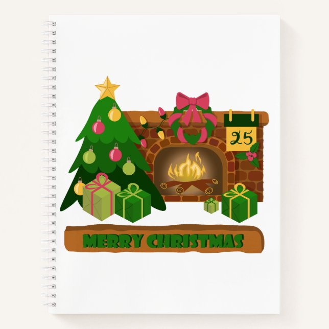 Cuaderno Feliz Navidad cerca de la chimenea de fuego árbol  (Anverso)