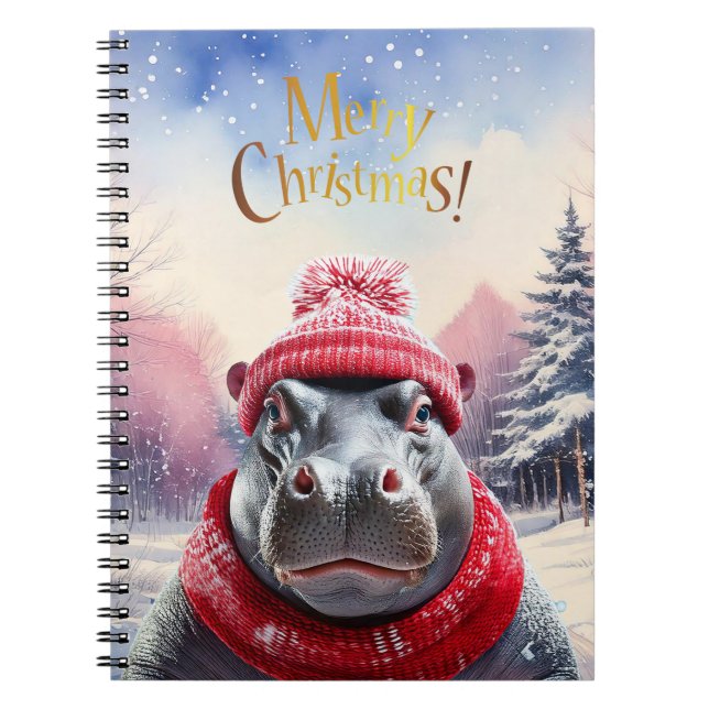 Cuaderno Feliz Navidad Hippo Santa sombrero y bufanda (Frente)