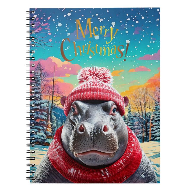 Cuaderno Feliz Navidad Hippo Santa sombrero y bufanda (Frente)