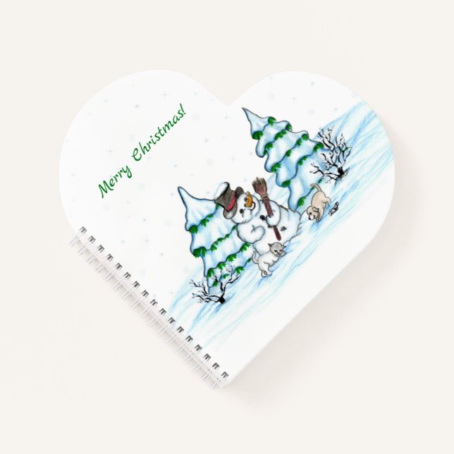 Cuaderno ¡Feliz Navidad! Muñeco de nieve con gato y cachorr (Anverso)