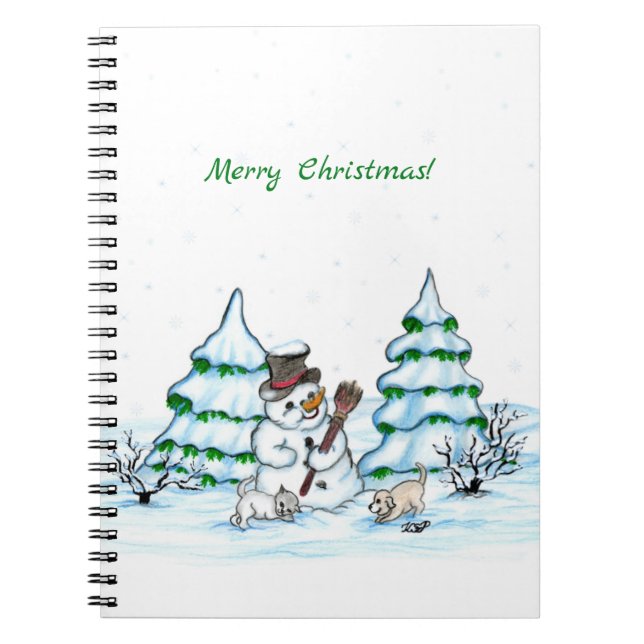 Cuaderno ¡Feliz Navidad! Muñeco de nieve con gato y cachorr (Frente)