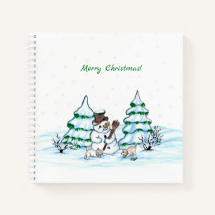 Cuaderno ¡Feliz Navidad! Muñeco de nieve con gato y cachorr