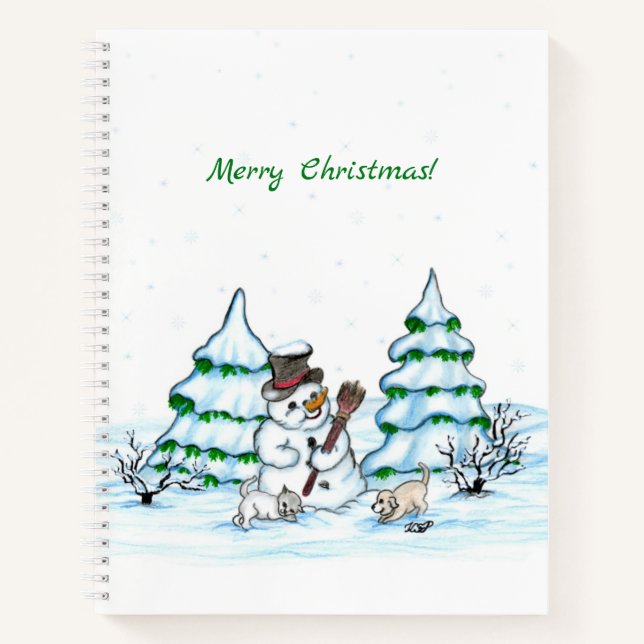 Cuaderno ¡Feliz Navidad! Muñeco de nieve con gato y cachorr (Anverso)