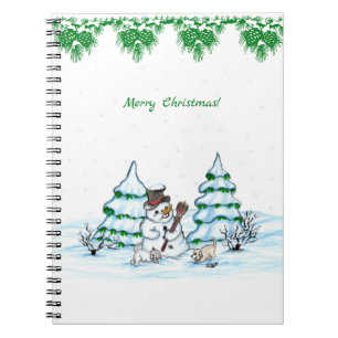 Cuaderno ¡Feliz Navidad! Muñeco de nieve con gato y cachorr