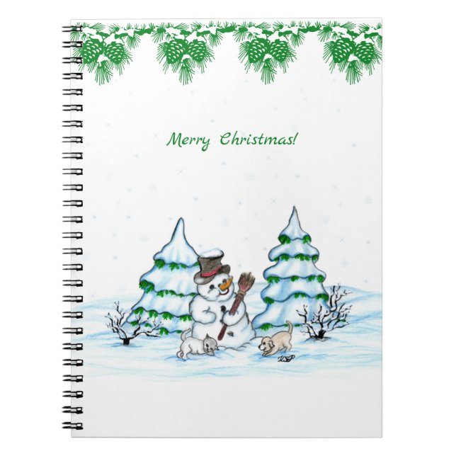 Cuaderno ¡Feliz Navidad! Muñeco de nieve con gato y cachorr (Frente)