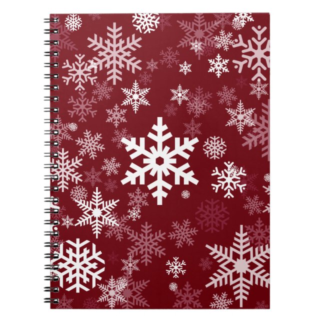 Cuaderno Feliz Navidad, patrón de copos de nieve en Borgoña (Frente)