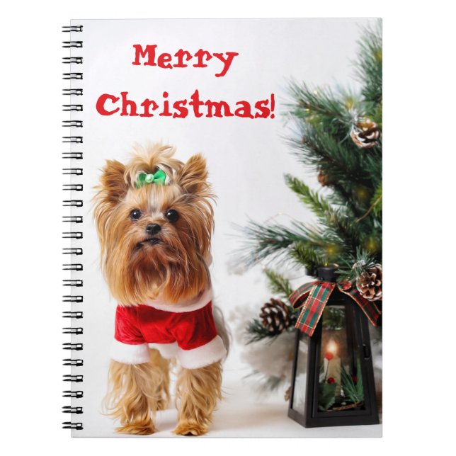 Cuaderno Feliz Navidad Santa Yorkie con árbol de Navidad (Frente)
