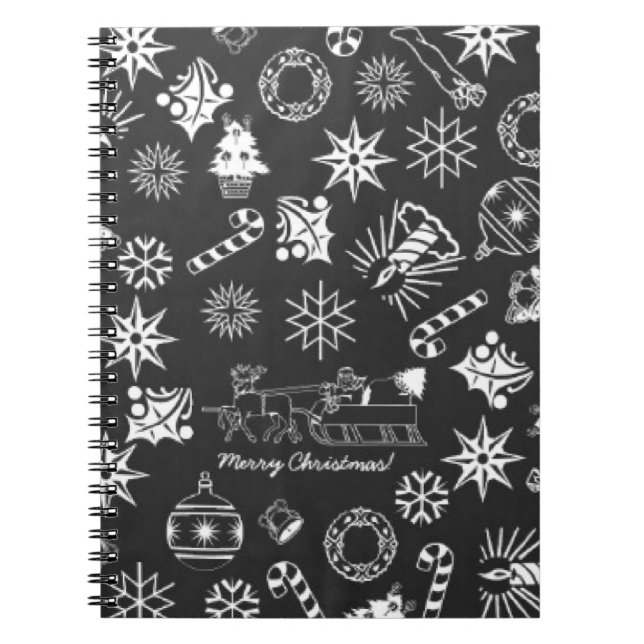 Cuaderno Feliz Navidad Símbolos Santa, negro y blanco (Frente)