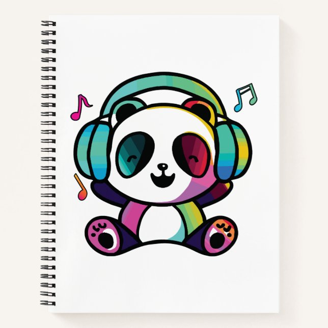 Cuaderno Feliz Panda con auriculares escuchando música. (Anverso)