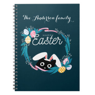 Cuaderno Feliz Pascua, gato negro con orejas de conejito