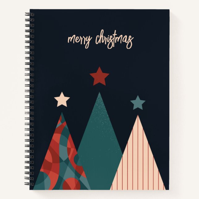 Cuaderno Feliz texto navideño árboles abstractos de navidad (Anverso)