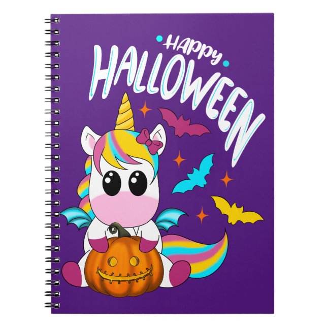 Cuaderno Feliz unicornio de Halloween con calabaza blanca (Frente)