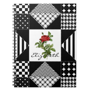 Cuaderno Femenino negro y blanco geométrico rosa rojo con n