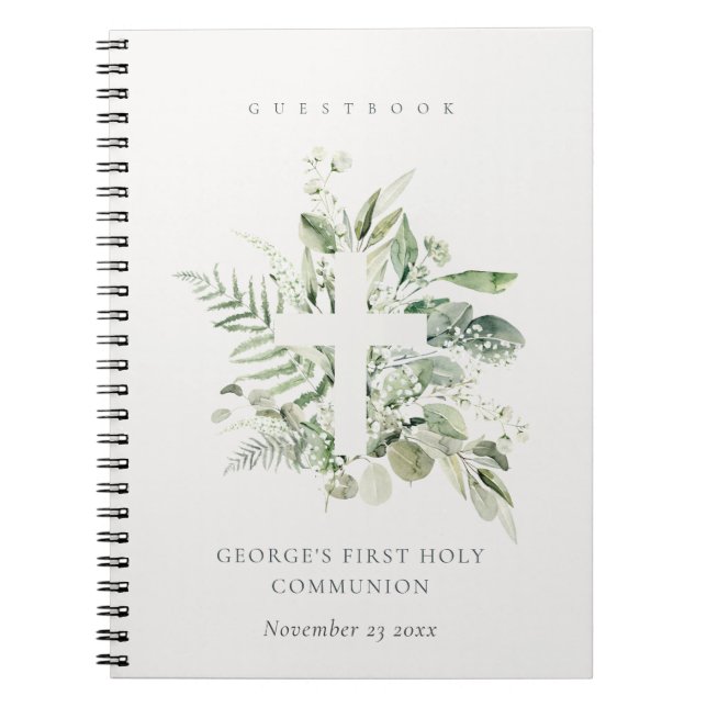 Cuaderno Fern Foliage Cross First Holy Communia Guestbook (Frente)