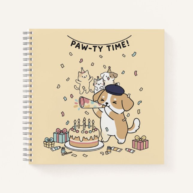 Cuaderno Festive Yellow Playful Dog Cartoon Celebration (Anverso)