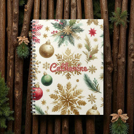 Cuaderno Festividad floral de copo de nieve con dorado verd