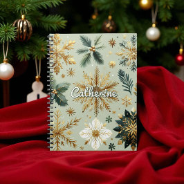 Cuaderno Festividad floral de copo de nieve con dorado verd