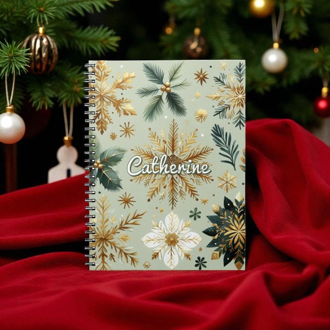 Cuaderno Festividad floral de copo de nieve con dorado verd (Subido por el creador)