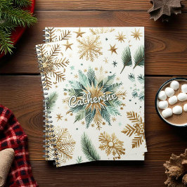 Cuaderno Festividad floral de copo de nieve con dorado verd