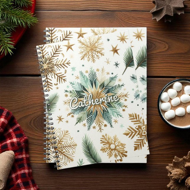 Cuaderno Festividad floral de copo de nieve con dorado verd (Subido por el creador)