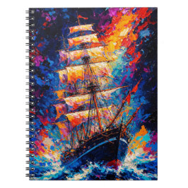 Cuaderno Fiery Sunset Tall Ship Abstract Painting Nautical 