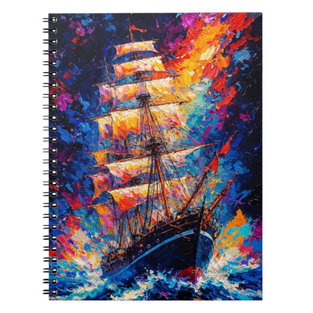 Cuaderno Fiery Sunset Tall Ship Abstract Painting Nautical  (Frente)