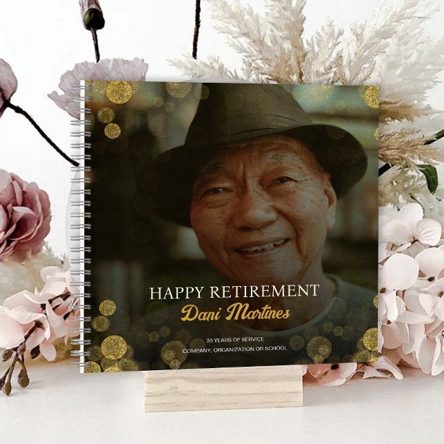 Cuaderno Fiesta de retiro feliz de Gold Confetti (Photo Gold Confetti Happy Retirement Party Guest Notebook)