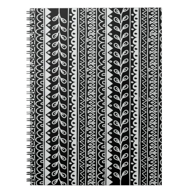 Cuaderno Filas de patrones de garabatos en negro y blanco (Frente)