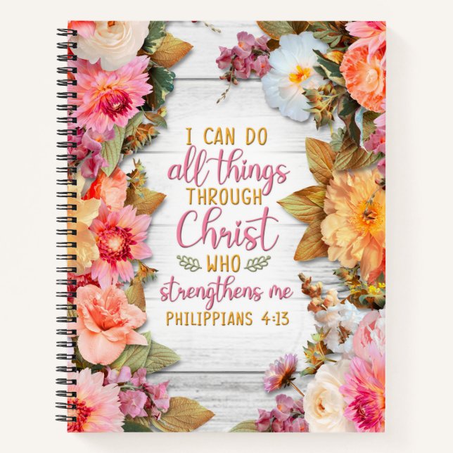 Cuaderno Filipinas 4:13 con flores rosas en madera (Anverso)