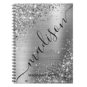 Cuaderno Firma de nombre metálico de Purpurina gris platead