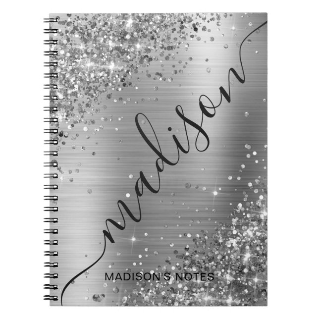 Cuaderno Firma de nombre metálico de Purpurina gris platead (Frente)