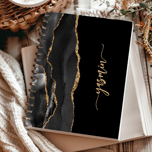 Cuaderno Firma Personalizada Negro Ágata Dorada (Subido por el creador)
