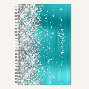 Cuaderno Firme Glitter Turquesa Azul Hoja Metalizada Femeni