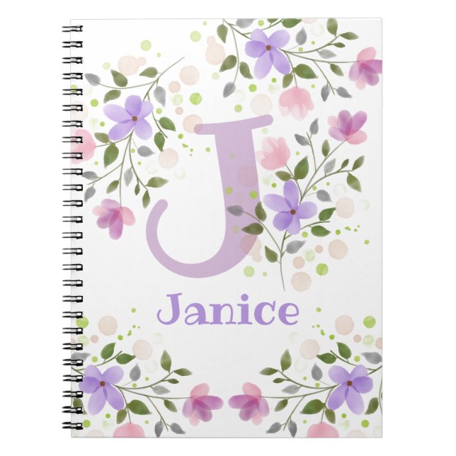 Cuaderno First Initial Plus Name Janice with Flowers (Frente)