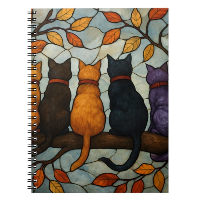 Cuaderno Five Cats on a Tree Branch Stained Glass Style (Frente)
